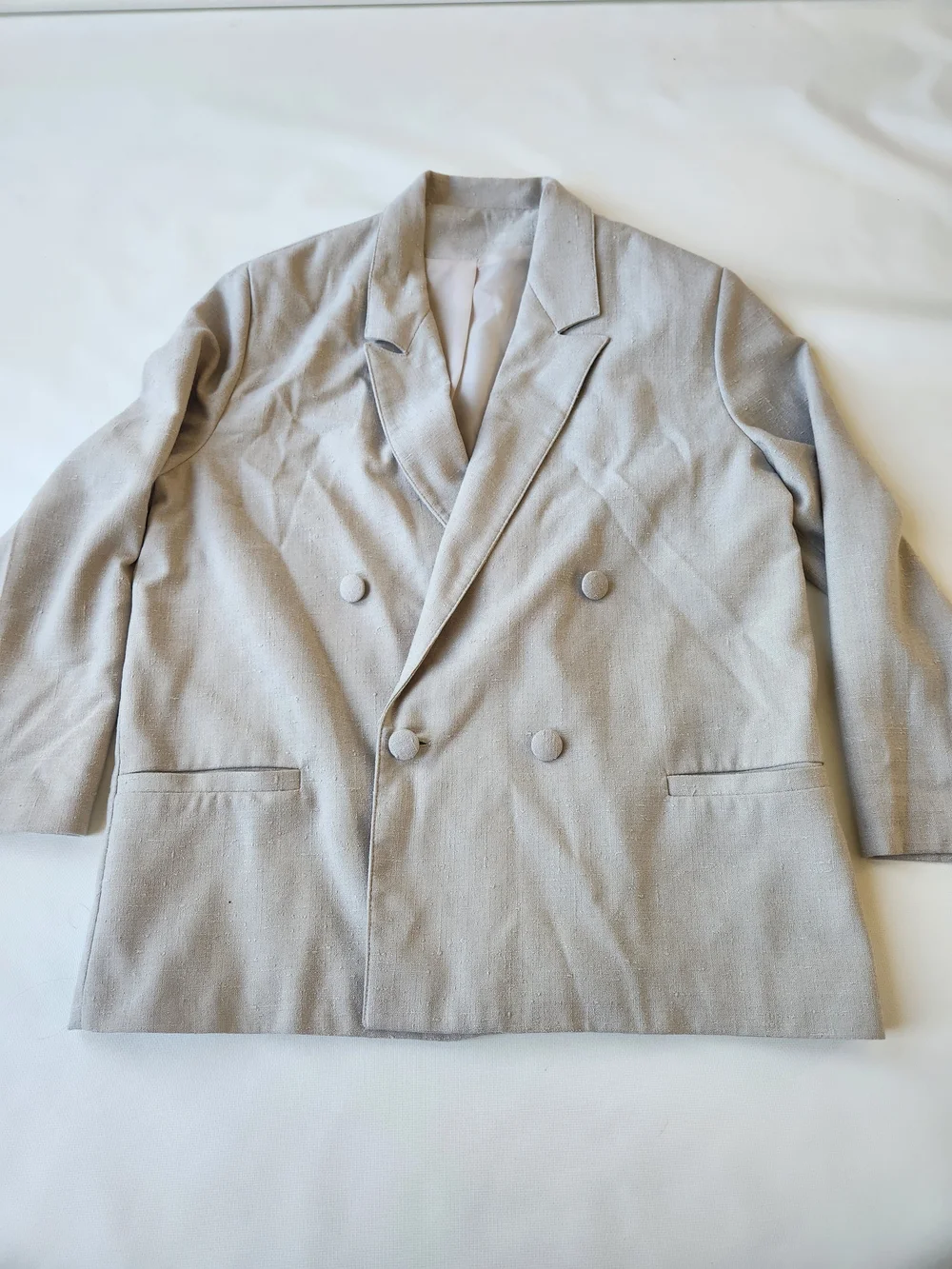 Double-Breasted Light Beige/Gray Blazer Oversized Jacket - Picture 2 of 8